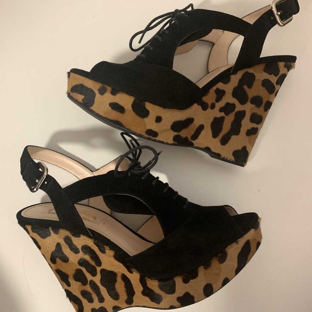 Prada black suede leopard print calf hair wedges